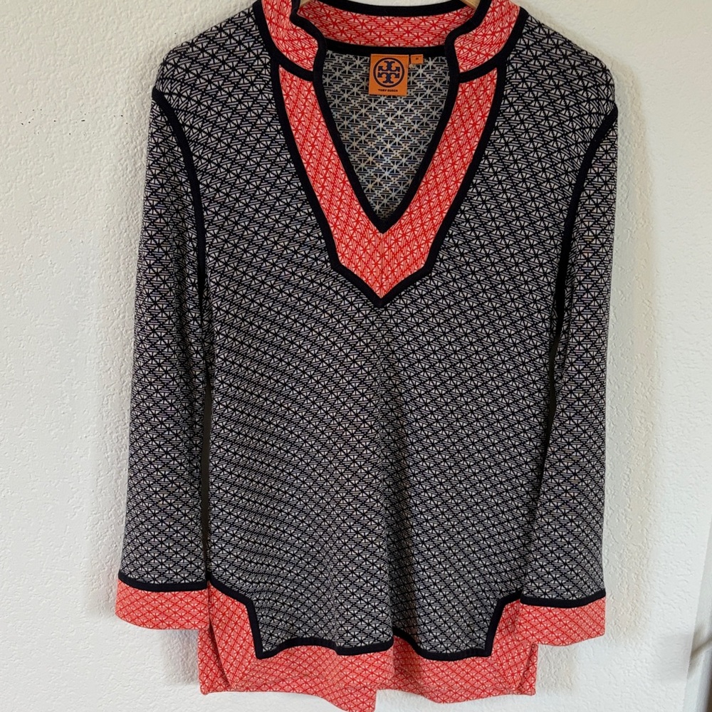 Tory Burch Navy Geometric V-Neck Sweater with Coral Trim
